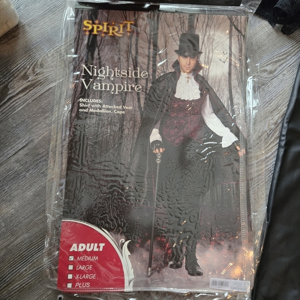 Mens Vampire Costume with Cape and Hat Cane Teeth And Makeup Medium (No Pants)